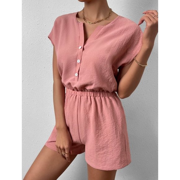 Coral Pink Boho Womens Button Front Batwing Sleeve Half Button Romper - Picture 3 of 7